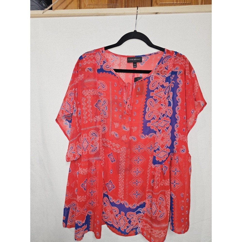 Lane Bryant Sheer Pullover Blouse Boho Paisley Bandana Tassel Tie Women Sz 14/16